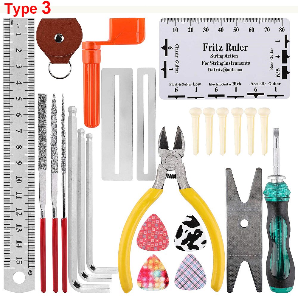 Guitar Repair Maintenance Cleaning Tools Kit 3 in 1 Guitar String Winder Cutter Pin Puller Guitar Fret Rocker Leveling File Kit: Type 3