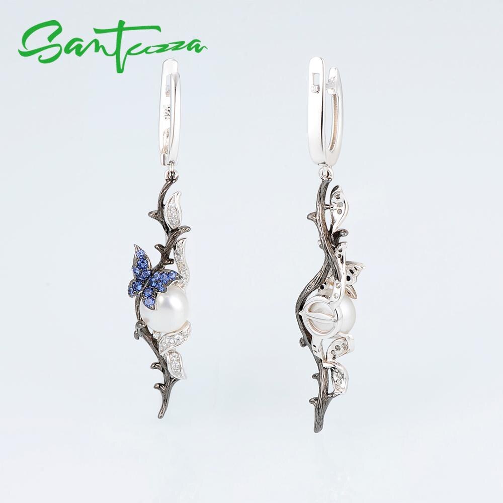 Santuzza Zilveren Oorbellen Voor Vrouwen 925 Sterling Zilveren Dangle Oorbellen Blauwe Vlinder Zoet Water Witte Parel Mode-sieraden
