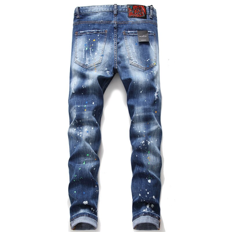Pantalones vaqueros con bordado de insignia de lujo ligero para hombre, pantalones vaqueros ajustados con estampado de lunares de colores, rasgados y parches, Jeans de calle de ;