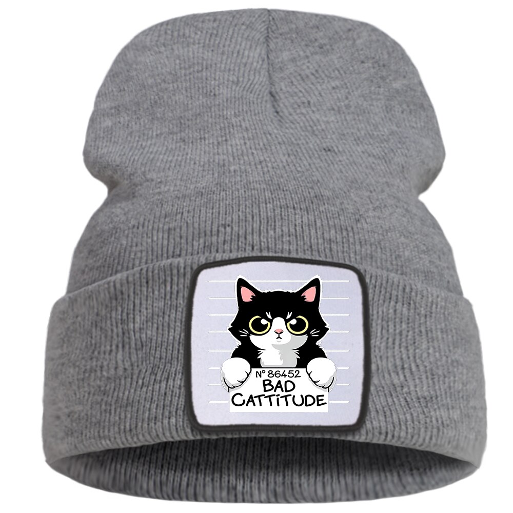 Bonnet en tricot pour femme et garçon, imprimé de dessin animé de chat, pour l&#39;extérieur, décontracté, , à la , Punk, automne: Gray