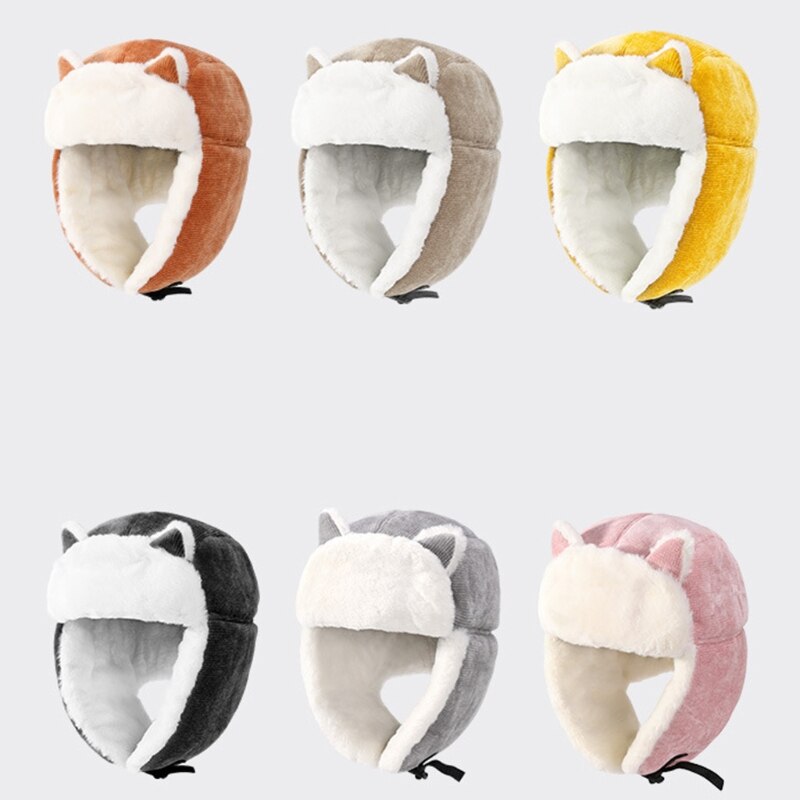 Women Winter Plush Lining Trapper Hat Cute Cat Ears Thermal Warm Earflap Cap