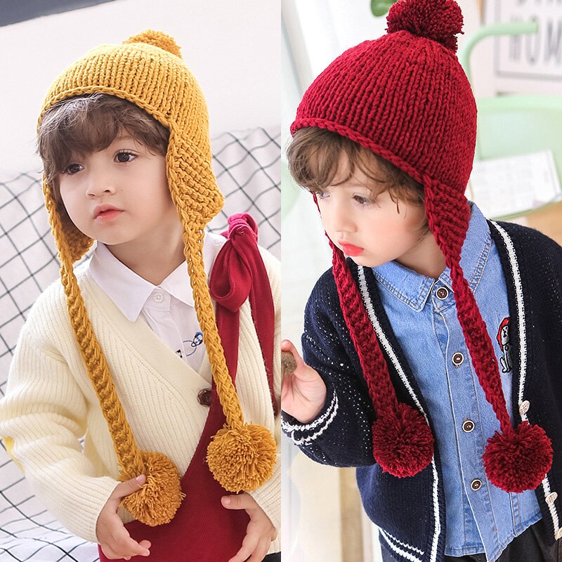 Kinderen wintermuts schattige pompon gebreide babymutsen effen kleur bescherm oorkap voor kinderen jongens meisjes warme benaie