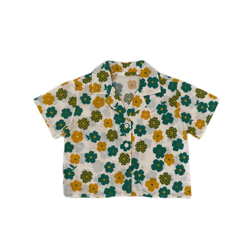 1835C Kinderen Shirt Broer Zus Kleding Jongen Korte Mouwen Shirts Zomer 2022 Bloemen Kinderen Dunne Shirts blouse: Green / 100 for 3y