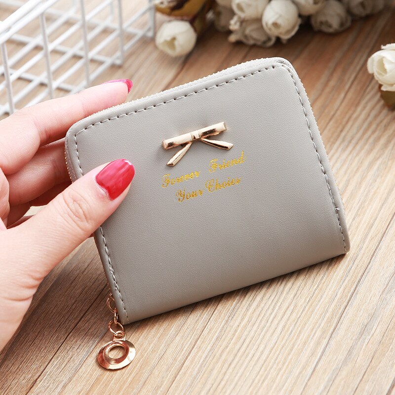 Korean Ladies Coin Purse Simple Bow Coin Purse Zipper Small Purse Short Coin Purse Card Holder: Gray