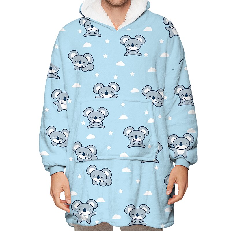Fleece filtar huva med ärmar bärbar sherpa filtar överdimensionerad tröja vinter varm huva filt tecknad mjuka rockar: Koala
