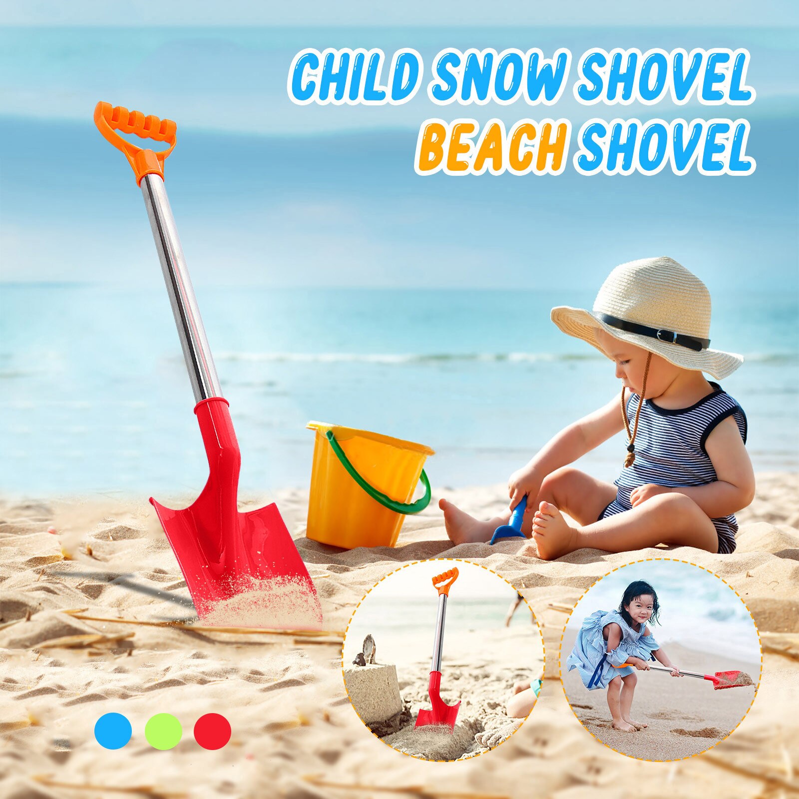 Pala da neve per bambini pala da spiaggia per bambini con manico in acciaio inossidabile pala da neve per bambini attrezzi da giardino giocattoli da spiaggia estivi