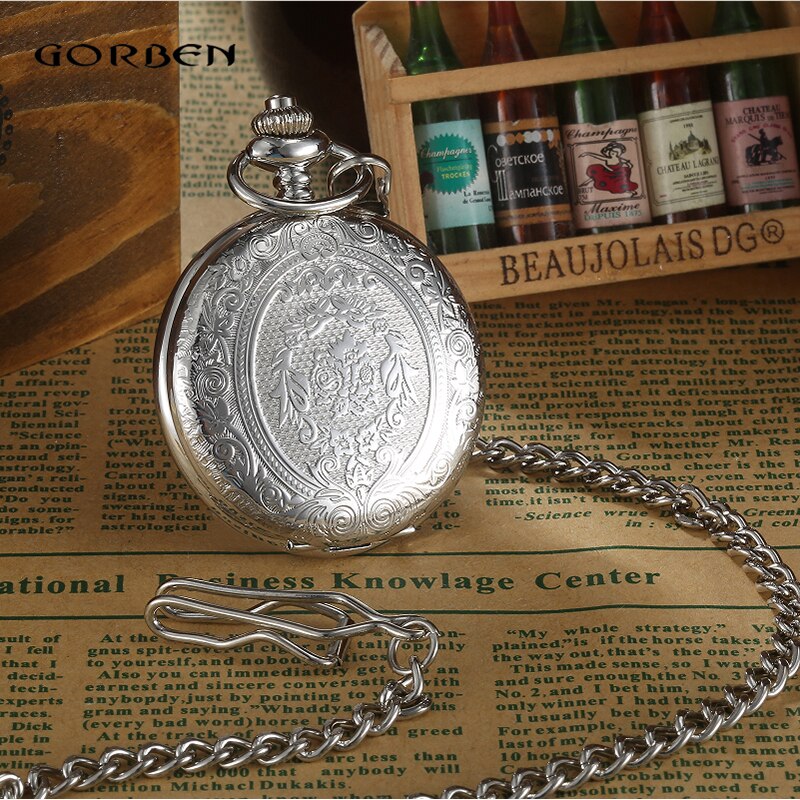 Retro Gobren Romeinse Cijfers Verzilverd Carving Zakhorloge Mode Klassieke Heren Analoge Quartz Horloge Fob Ketting Met Doos