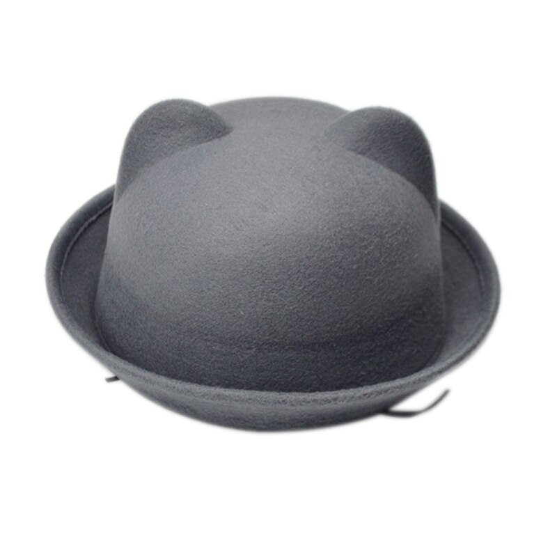 Women Cat Ears Cap Jazz Bowler Felt Fedora Hat Spring Autumn Cylinder Caps Bonnet