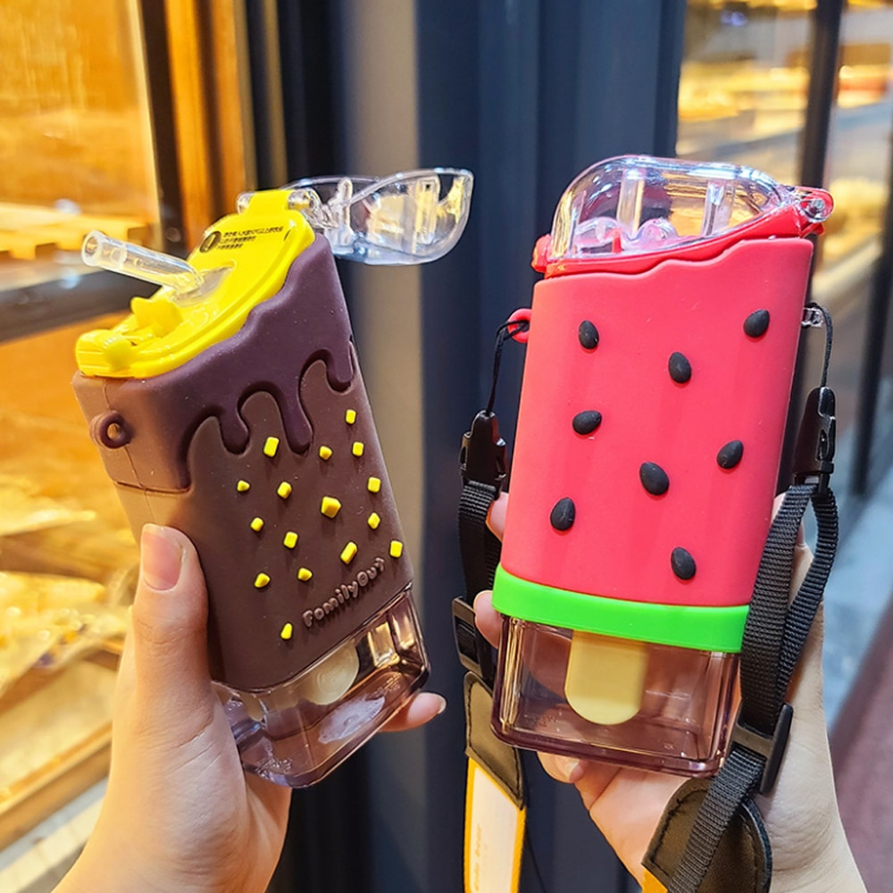 Summer Cute Donut Ice Cream Water Bottle With Straw Square Watermelon Cup Portable Leakproof Tritan Bottle BPA Free