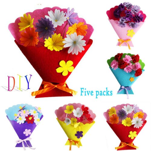 5PCS Colorful Flowers Mixed Buttons Felt Bouquets Set Children DIY Handmade Craft Children's