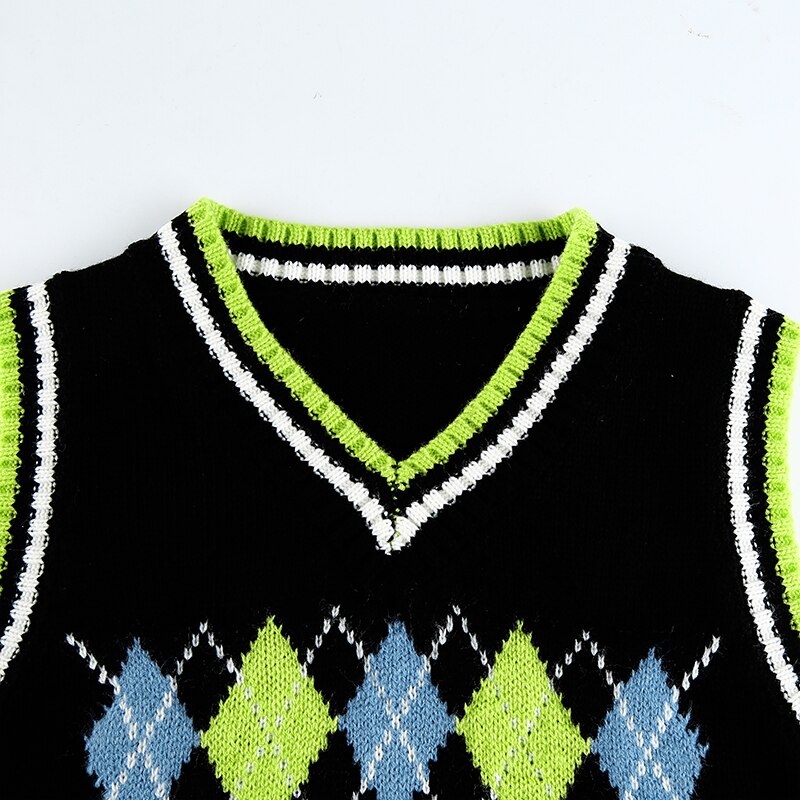 Colorful Argyle Plaid Knitted Sweater Vest Women Preppy Style Streetwear 90s Retro Striped Patchwork Sleeveless Knitwear