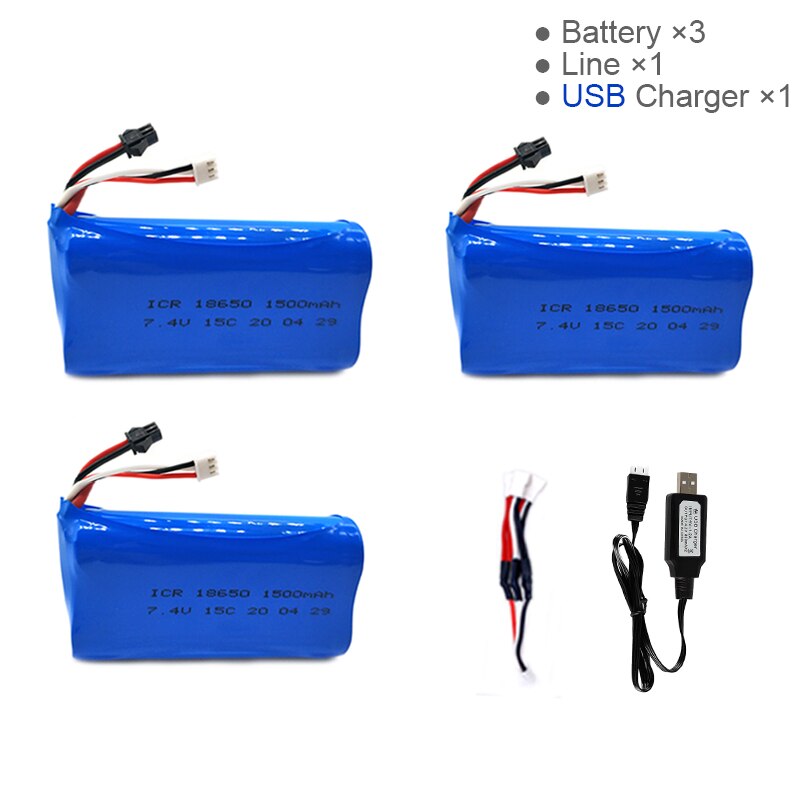 7.4V 1500mAh Lipo Battery for WPL MN99S D90 U12A S033g Q1 H101 7.4V 18650 SM Battery Rc Boats Cars Tanks Drones Parts: 3B 3in1 line USB