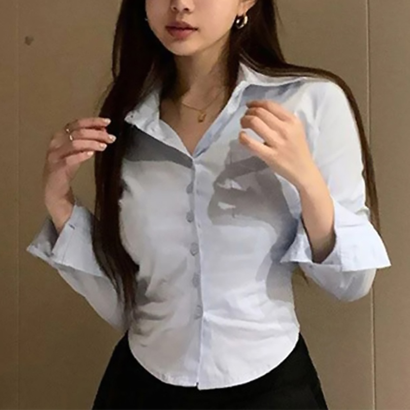 Camisa coreana blanca de oficina de gasa para mujer, blusa con solapa y botones de bolsillo para mujer, Tops cortos de manga larga para ir al trabajo para primavera