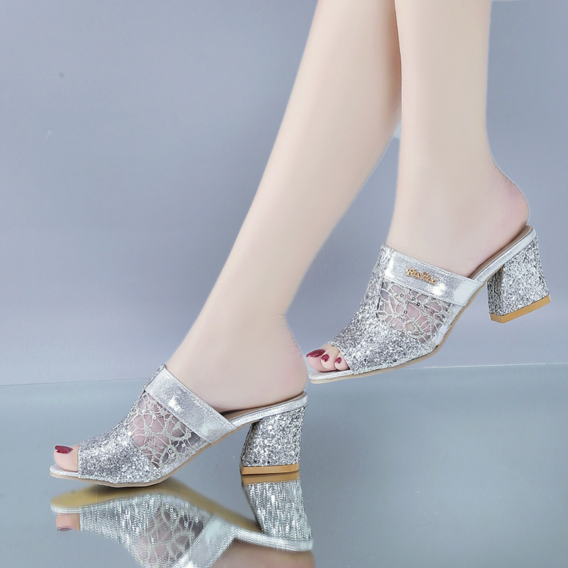Sandales à talons carrés en métal pour femme, chaussures d'été à bout ouvert et argent doré, Q00016, collection