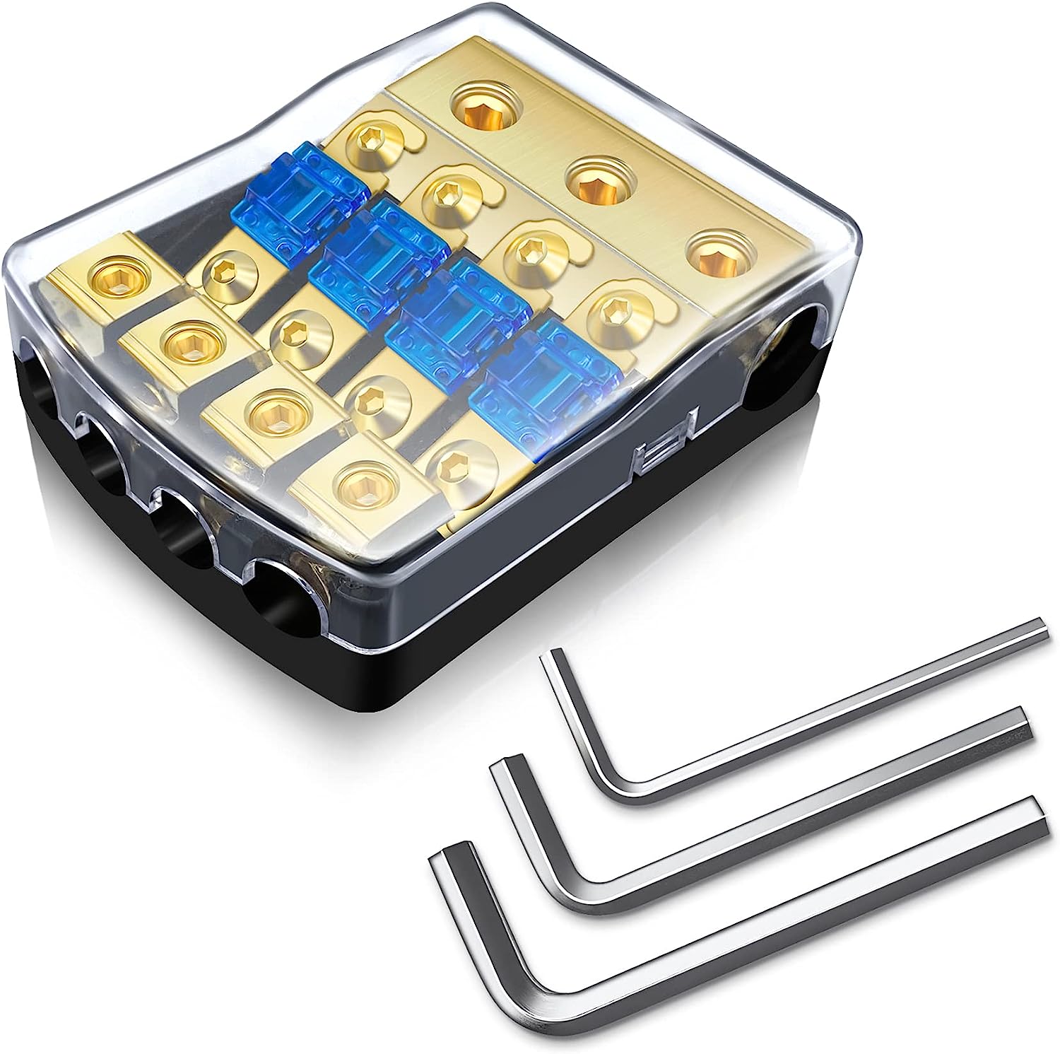Portafusibile mini ANL a 2/3/4 gareggiare, in rame da 0/2/4 a 4/6/8 calibro Blocco di distribuzione fusibili da 60 A per amplificatore Audio stereo per auto: Oro