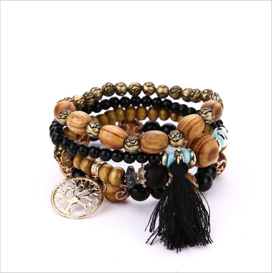 Charm Bracelets for Women Men Multilayer Wooden Beads Wristband Bracelets & Bangles Pulseira Boho Jewelry: Black