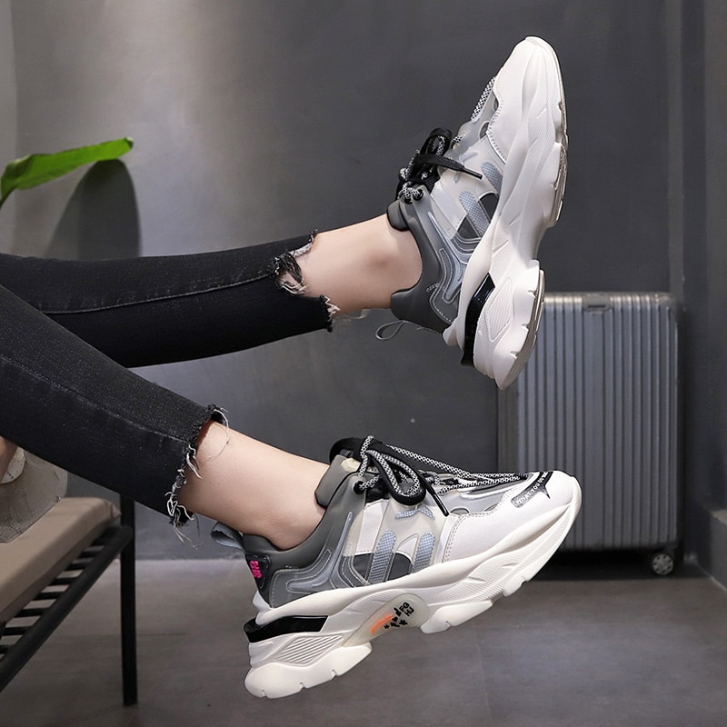 Höst kvinnor chunky sneakers plattform kvinnor bekväma snörning platta skor unisex träningsskor damskor