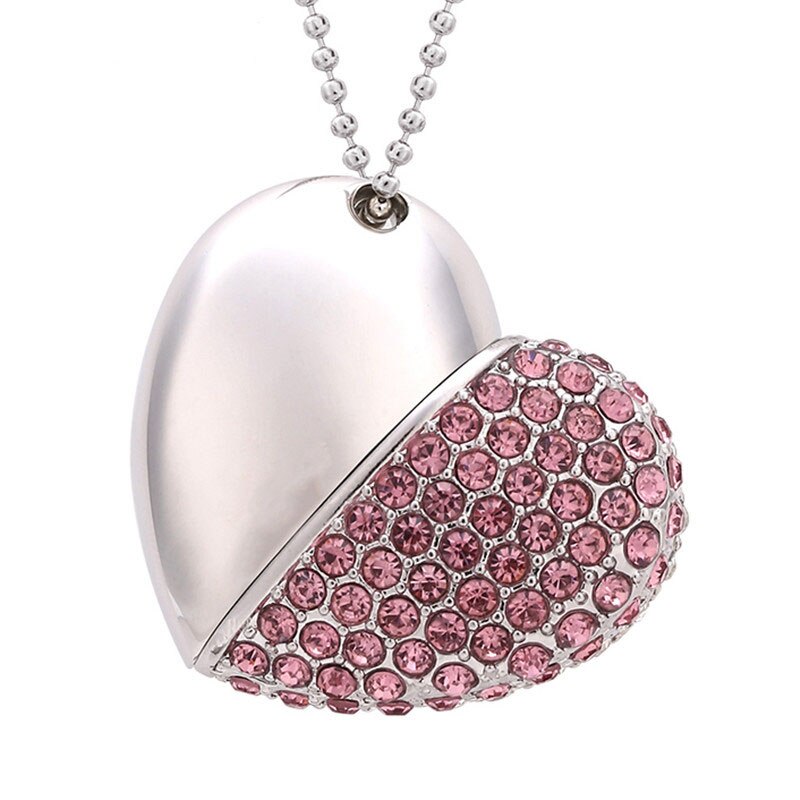 POWERONE cristal diamant coeur avec chaîne pendentif clé USB clé USB 64GB 16gb 32GB USB 2.0 collier mémoire bâton: 64 GO / Pink