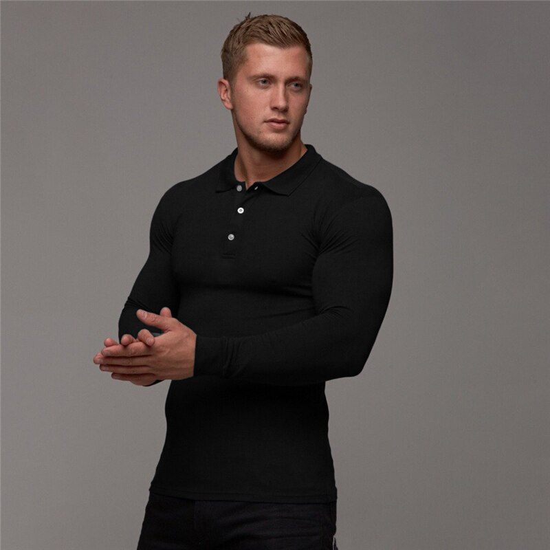 Vår høst poloskjorte herre bomull slank passe polo menn vanlig treningsstudio Fitness pustende virksomhet langermet poloskjorte: Svart / M