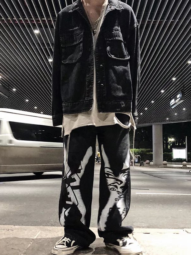 HOUZHOU-pantalones vaqueros negros para hombre, vaqueros de gran tamaño con estampado de Hip Hop, ropa de calle japonesa, Pantalones vaqueros de pierna recta