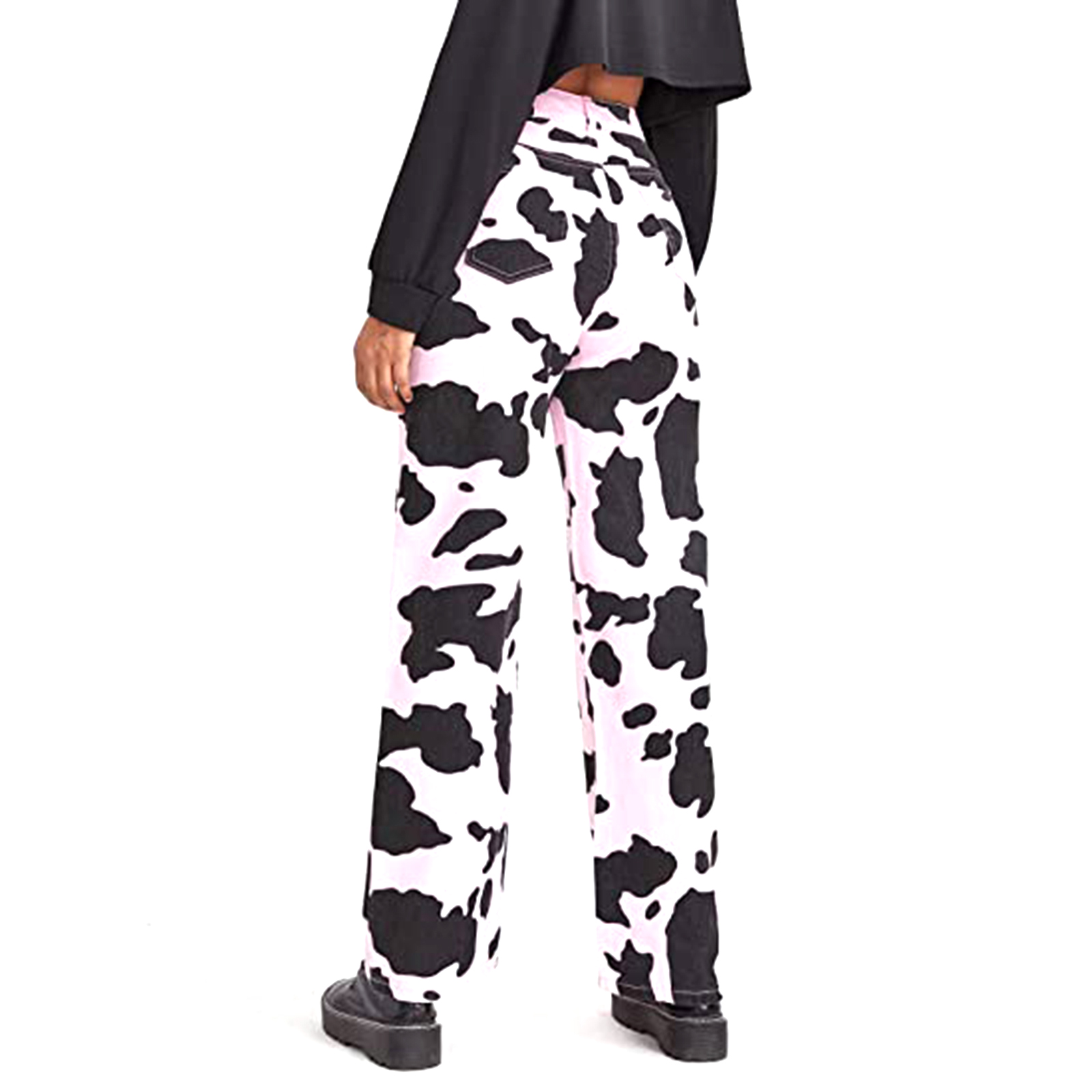 Pantalones vaqueros con estampado de vaca y leche para mujer, vaqueros de cintura alta, ajustados, rectos, informales, Harajuku