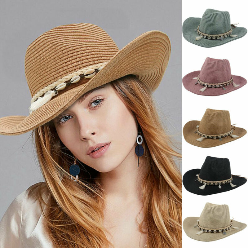 Summer Hoilday Women Casual Western Cowboy Shell Fringed Decorative Beach Shade Adjustable Straw Solid Hat