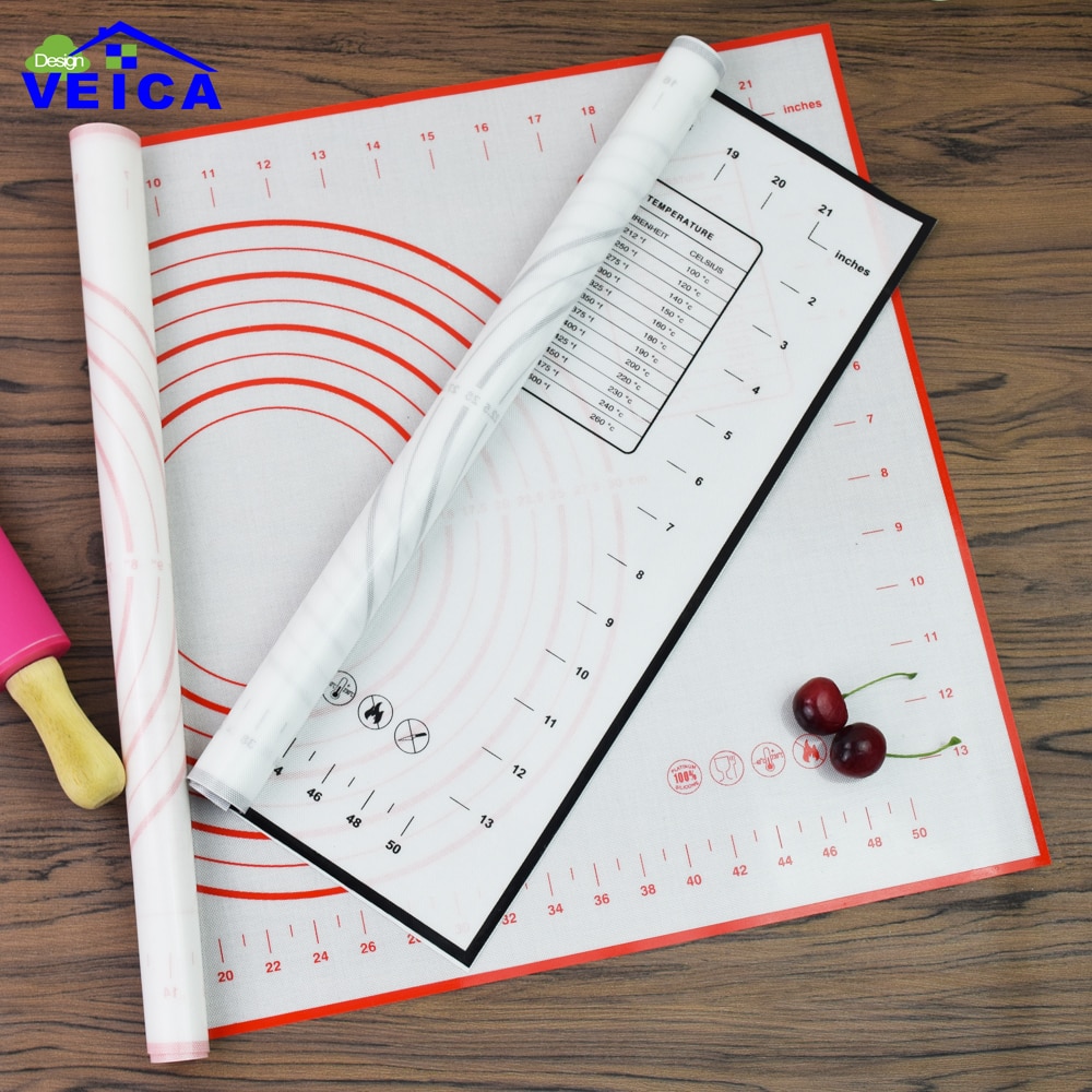 Tapete de silicona antiadherente para hornear, tapete de silicona para pasta y galletas, tamaño grande, rojo/Negro, 60x40cm, con medidas y conversiones