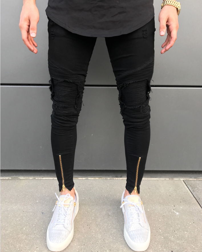biker Jeans Mens Joggers Pants Stretch Ripped Black Denim Destroyed Bottom zipper jeans Homme Streetwear Hip Hop