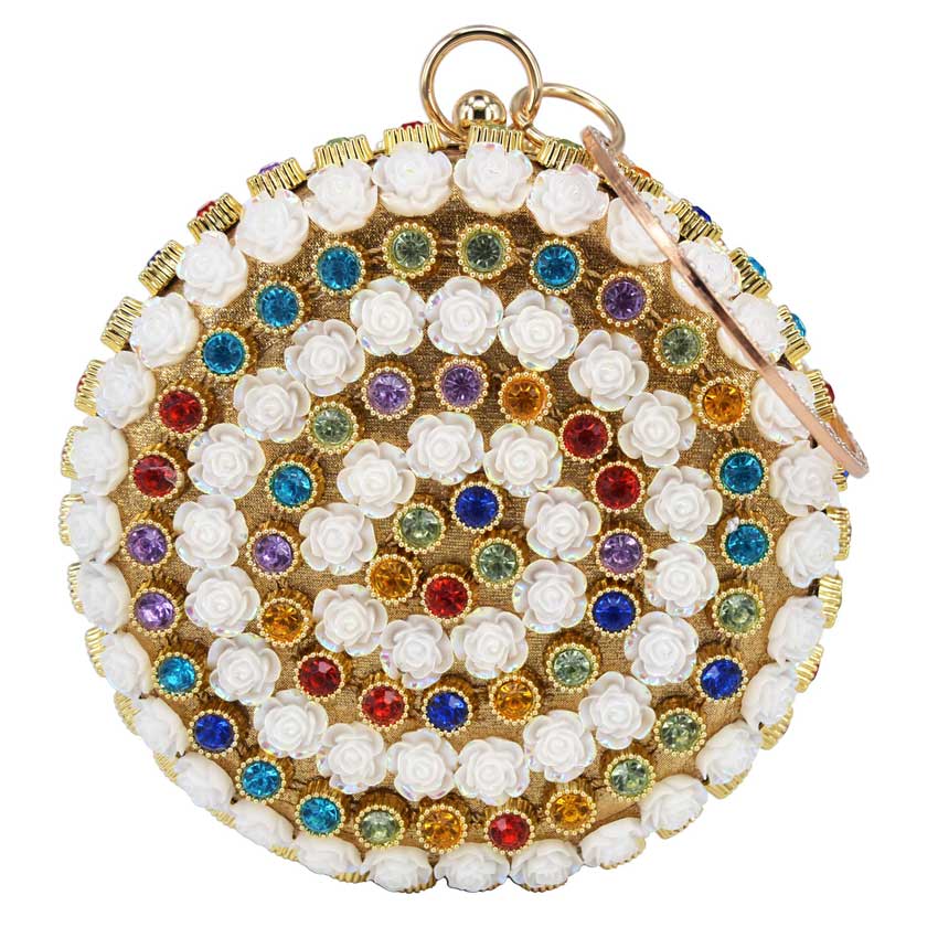 arrivé rond blanc fleur multicolore cristal femmes de mariage sac à main pochette femme bracelets dame sac de soirée