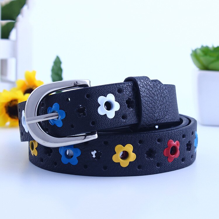 Meisje Riem Kleurrijke Bloemen Vlinder Holle Kinderen Leisure Pin Gesp Riem Roze Wit Blauw Geel Rood Zwart Bruin: black