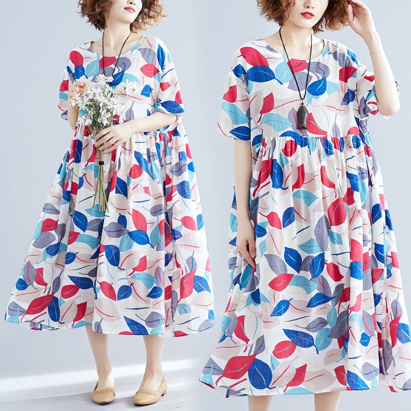 Zomerse traditionele chinese kleding voor vrouwen, etnische print linnen tang-pakjurk, hanfu casual hoge taille gewaad, losse jurken