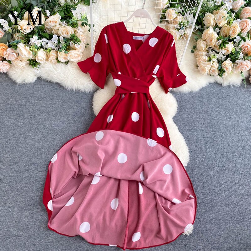 YuooMuoo-robe à bandes, tenue Vintage, à pois, col en V, tenue de soirée, tenue élégante, rouge, été