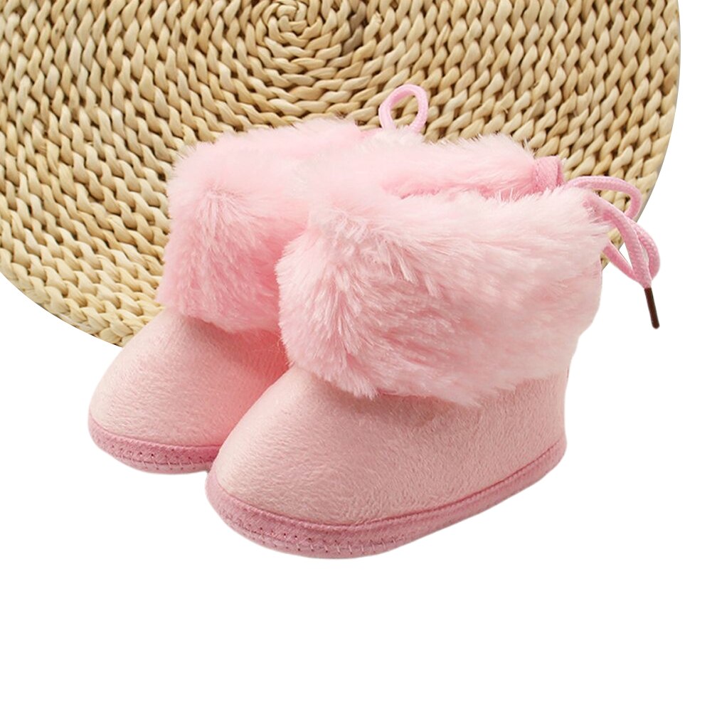 Botas de nieve para bebés antideslizantes, zapatillas abrigadas de invierno con cordones, zapatos para cuna de piel sintética, zapatos cálidos de invierno para bebés de princesa: Rosa / 13-18 meses