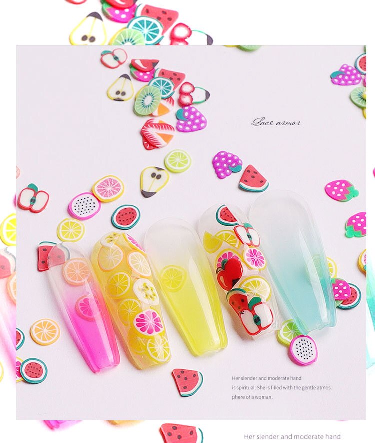 3d nail art decoraties schattige bloemen fruit klei plak nail art decoratie kleurrijke nail glitter pailletten nail art decoraties