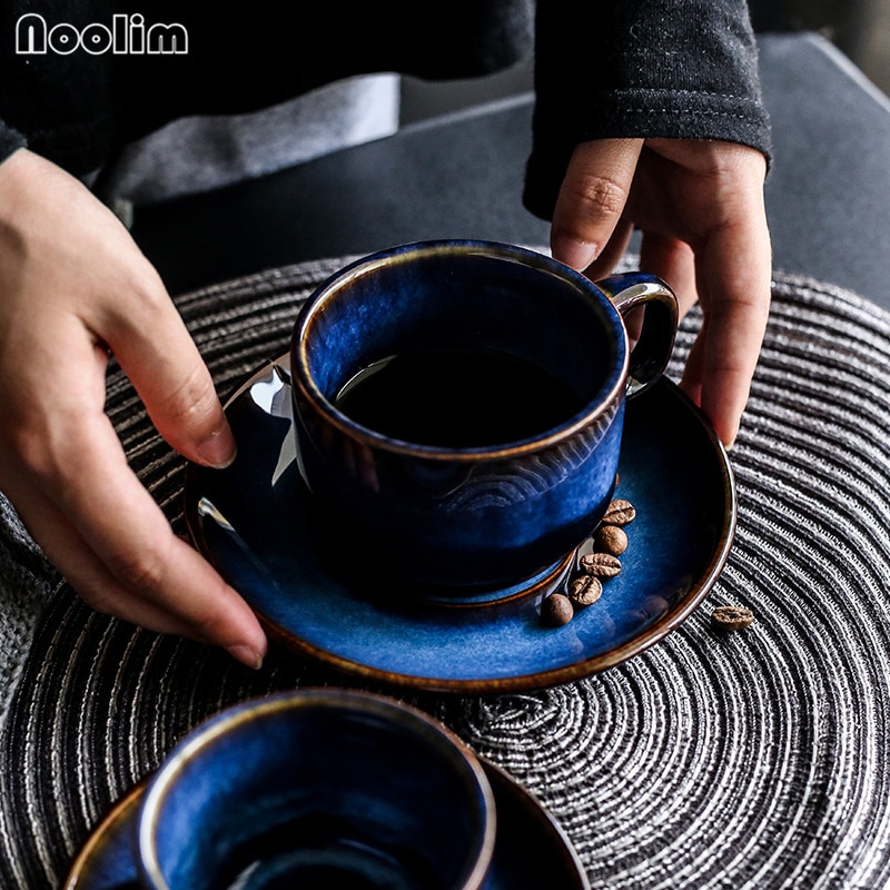 Ceramic Deep Blue Coffee Cup Saucer Set Breakfast Afternoon Tea Cup Set Antique Coffee Cup