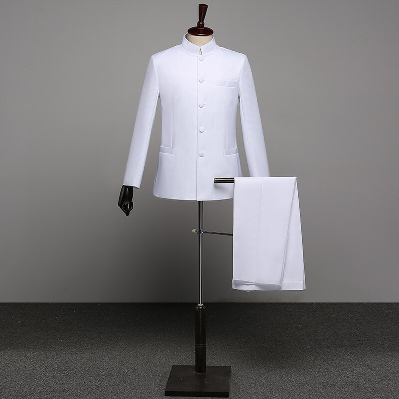 Chinese Style Mandarin Collar Men's Suits Male blazer casual suit Embroidered Classic Business Wedding Dress Male: White suit 2PCS / S