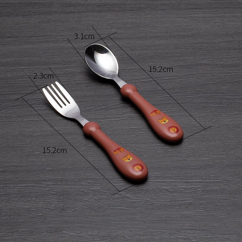 Juego de cuchara y tenedor para bebé, cubiertos de acero inoxidable de seguridad para alimentación de niños, utensilio de dibujos animados, vajilla infantil, 2 piezas: Orange-straight