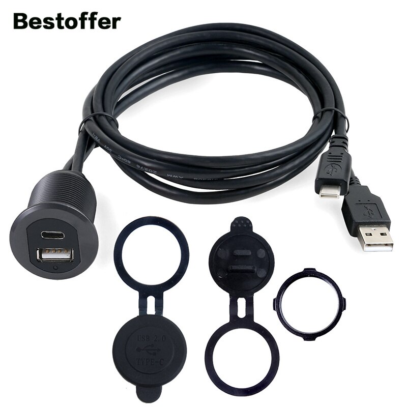 1 Meter Led Licht Type-C 2.0 Naar Usb 2.0 Man-vrouw Aux Auto Mount Flush Waterdichte Kabel