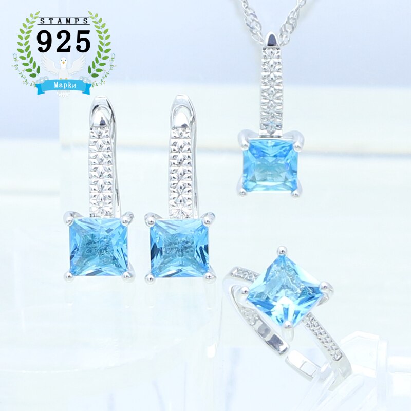 Mujer pendientes anillo colgante collar 925 joyería de plata cuadrado granate piedra roja conjunto de joyas accesorios de boda: Sky Blue