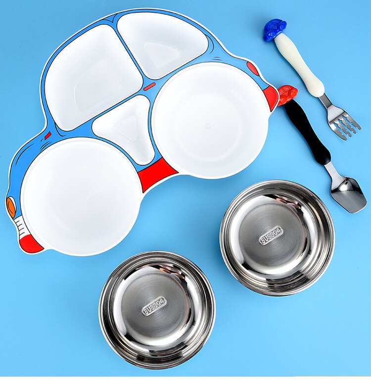3 pçs/set crianças conjunto de utensílios de mesa pratos aço inoxidável placa alimentação do bebê com colher garfo bonito dos desenhos animados carro forma recipiente comida