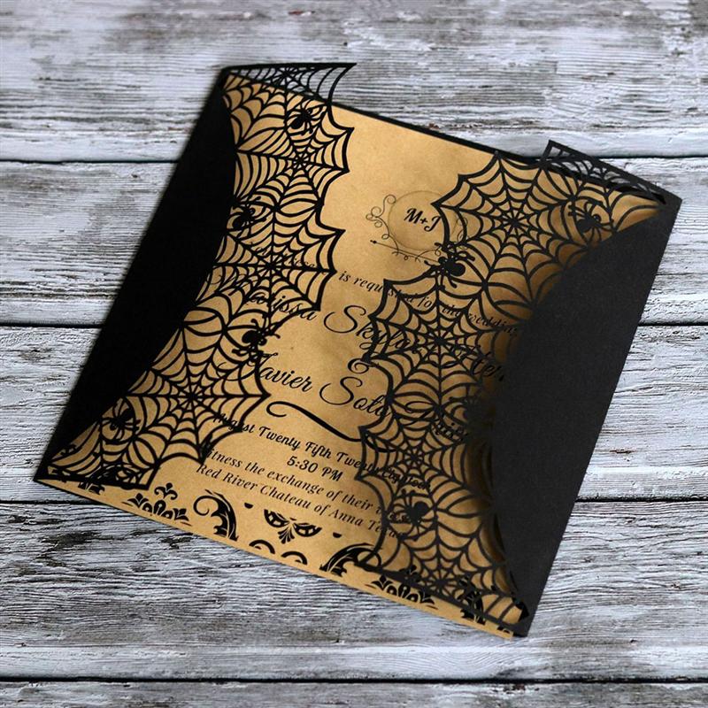 10 stk kuttet halloween invitasjonskort hule skrekkfestinvitasjoner kort edderkoppnettkort med bueknuter (svart)