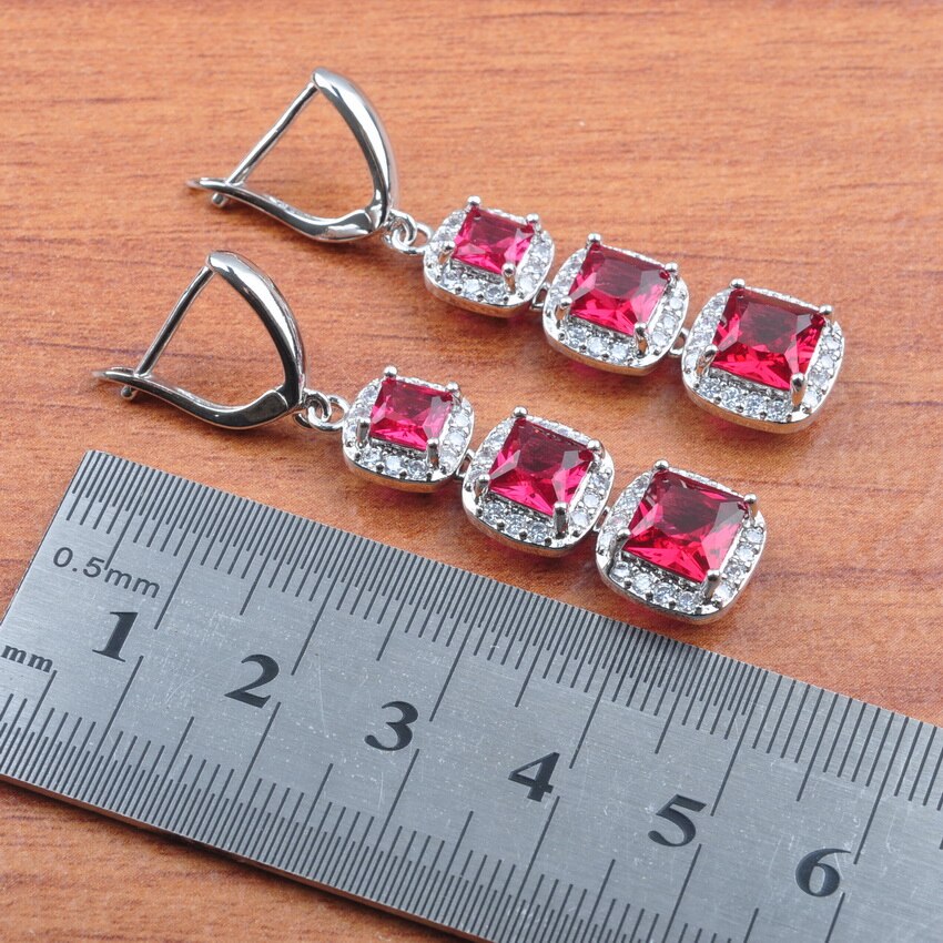 Klassieke Vierkante Rose Rode Zirconia Sieraden Sets Vrouwen Oorbellen Ketting Hanger Ring Armbanden JS0423