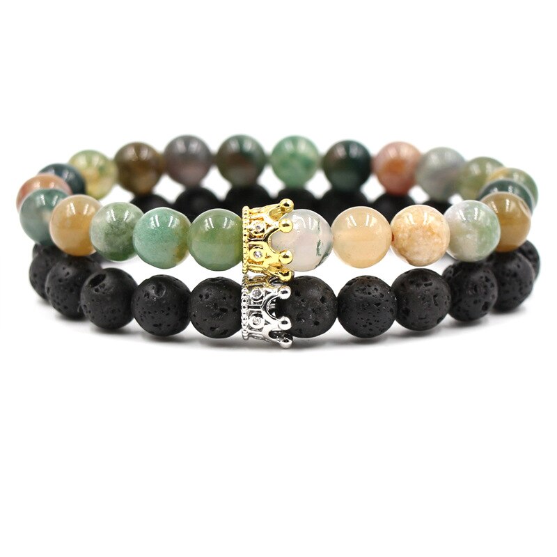 8mm 2 stk/sæt par mikro indsat zirkon krone armbånd klassisk natursten elastisk kvinder charm perler armbånd til mænd smykker: Farve 12