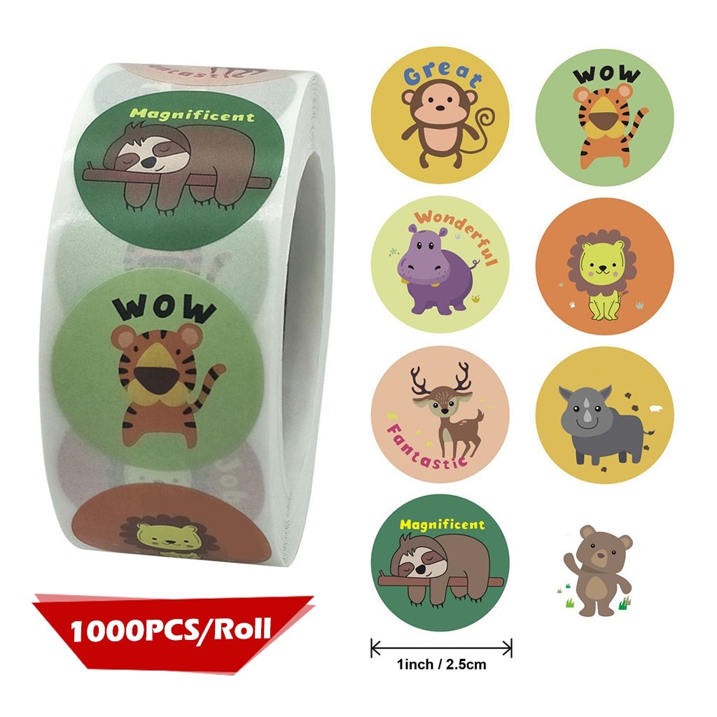 1000 Pcs Reward Stickers Motivational Stickers Roll for Kids for School Reward Students Teachers Cute Animals Stickers Labels d3: Default Title