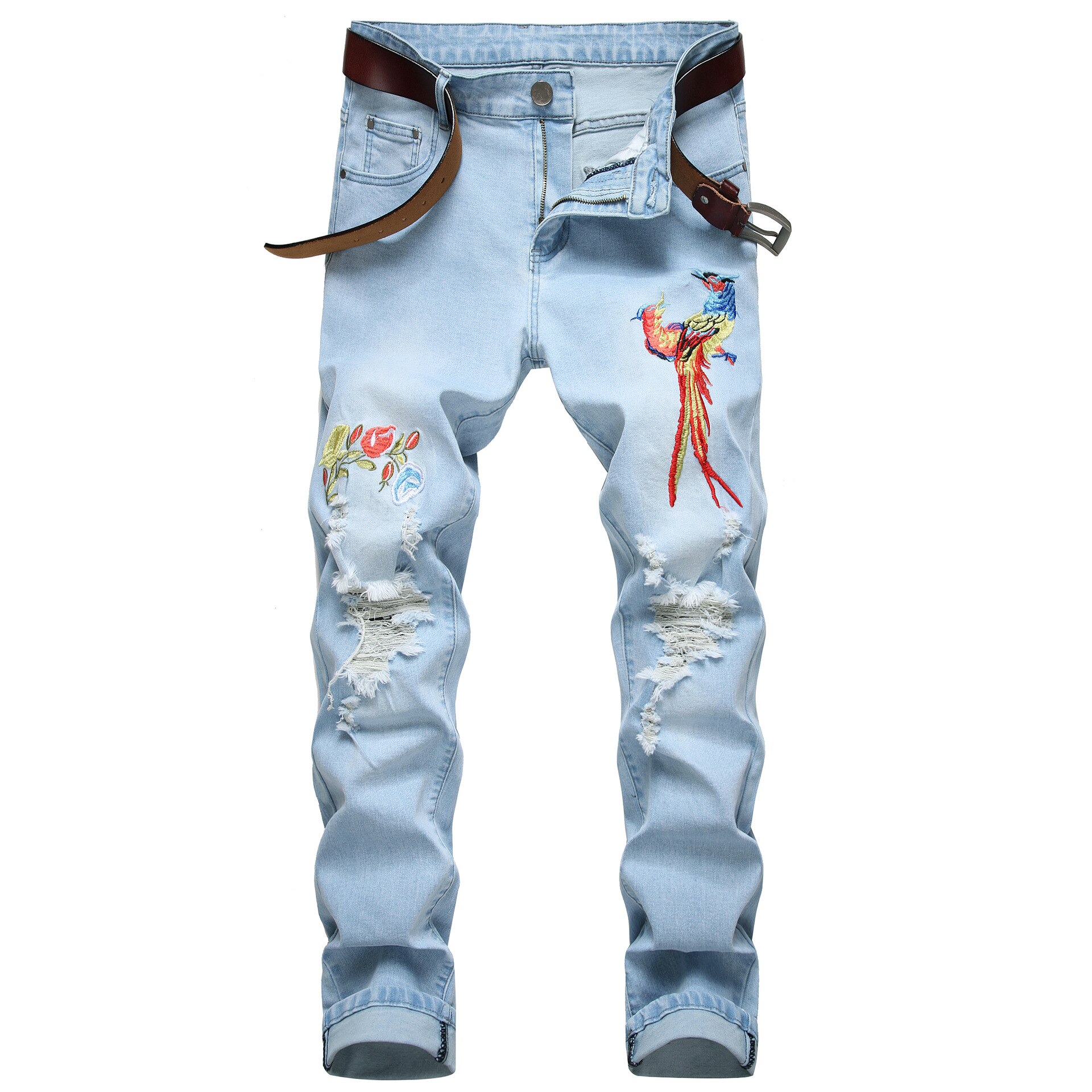 Nowe mody osobowości porwane jeansy spodnie dżinsowe mężczyźni haftowany kwiat fala dżinsy z dziurami Trend Retro żebrak stóp spodnie: light blue / 28