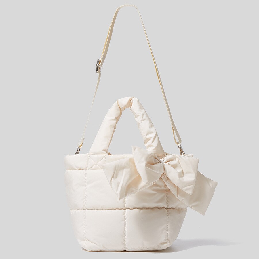 Wintertasche mit schleife, schultertasche für damen, wasserdichte nylontasche, gepolstert mit baumwolle und daunen: Weiß