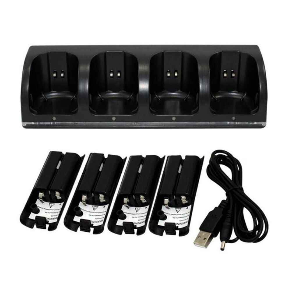 Chargeur de Station de charge de station de charge avec 4 pièces Batteries 2800mAh pour les télécommandes Wii Station de chargement 4 en 1: Black