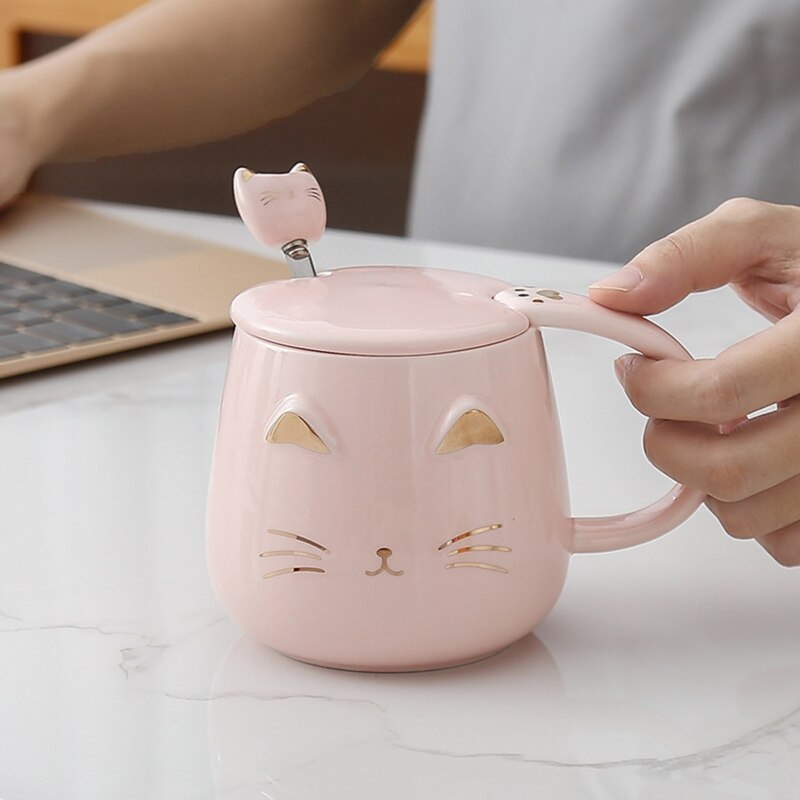 Taza con cabeza de gatito para amantes de los gatos, taza con cuchara de acero inoxidable, cálido, fácil de usar, taza para el hogar