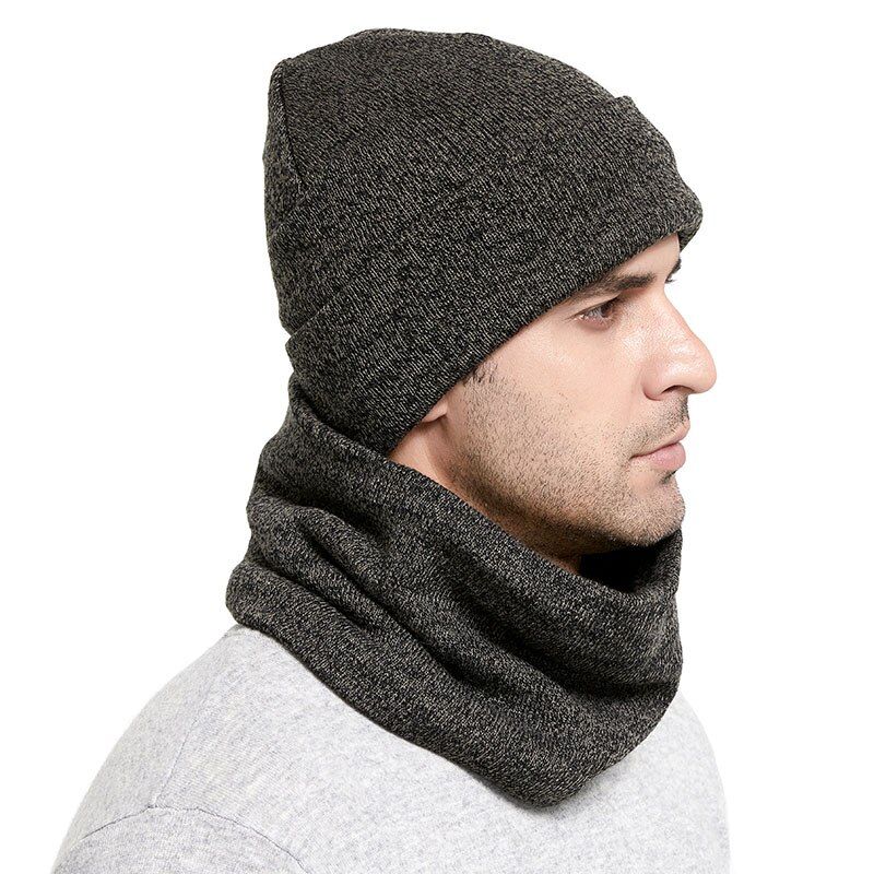Vinter strikkede hatte tørklæde sæt tykne plus fløjl unisex varme beanies bløde mænd kvinder bomuld solid tørklæde hat kit