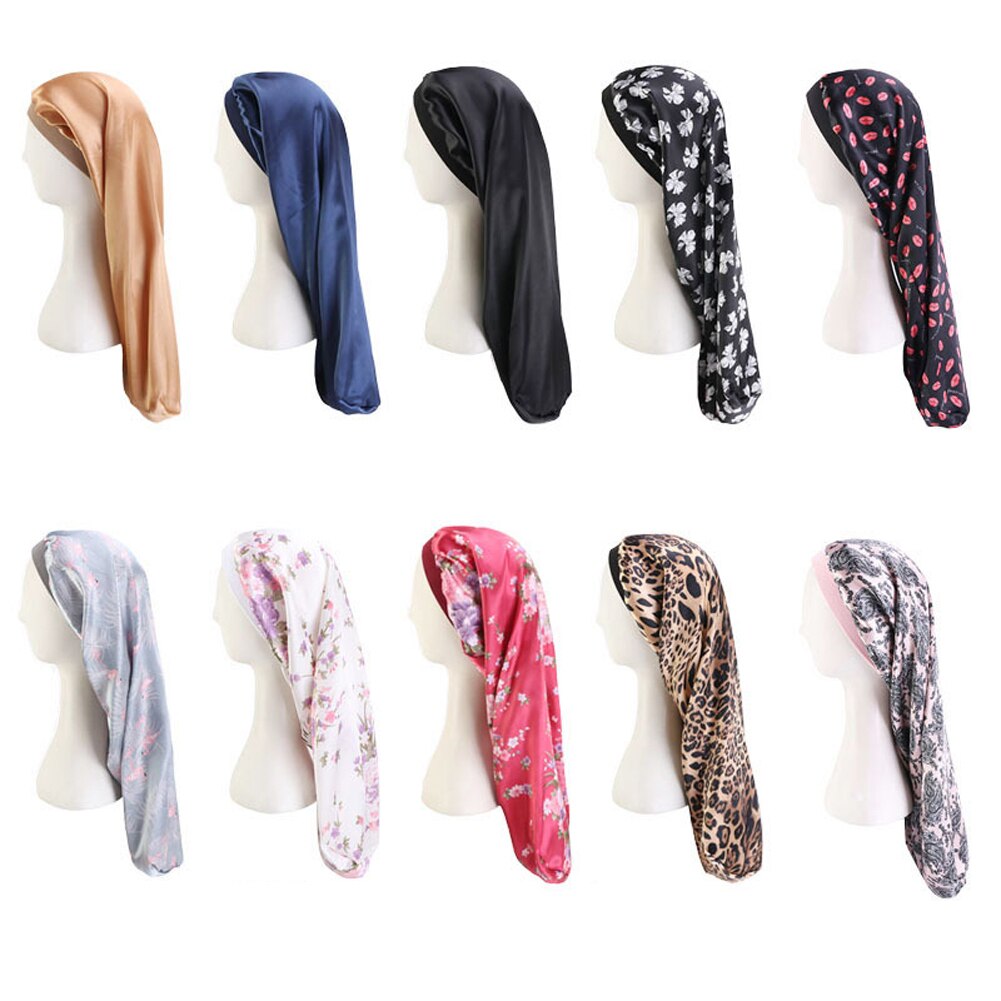 Elastische brede satijnen muts met lange haarlengte, slaapmuts, wikkelmuts, haarverzorgingsmuts voor dames, heren, unisex muts, muts